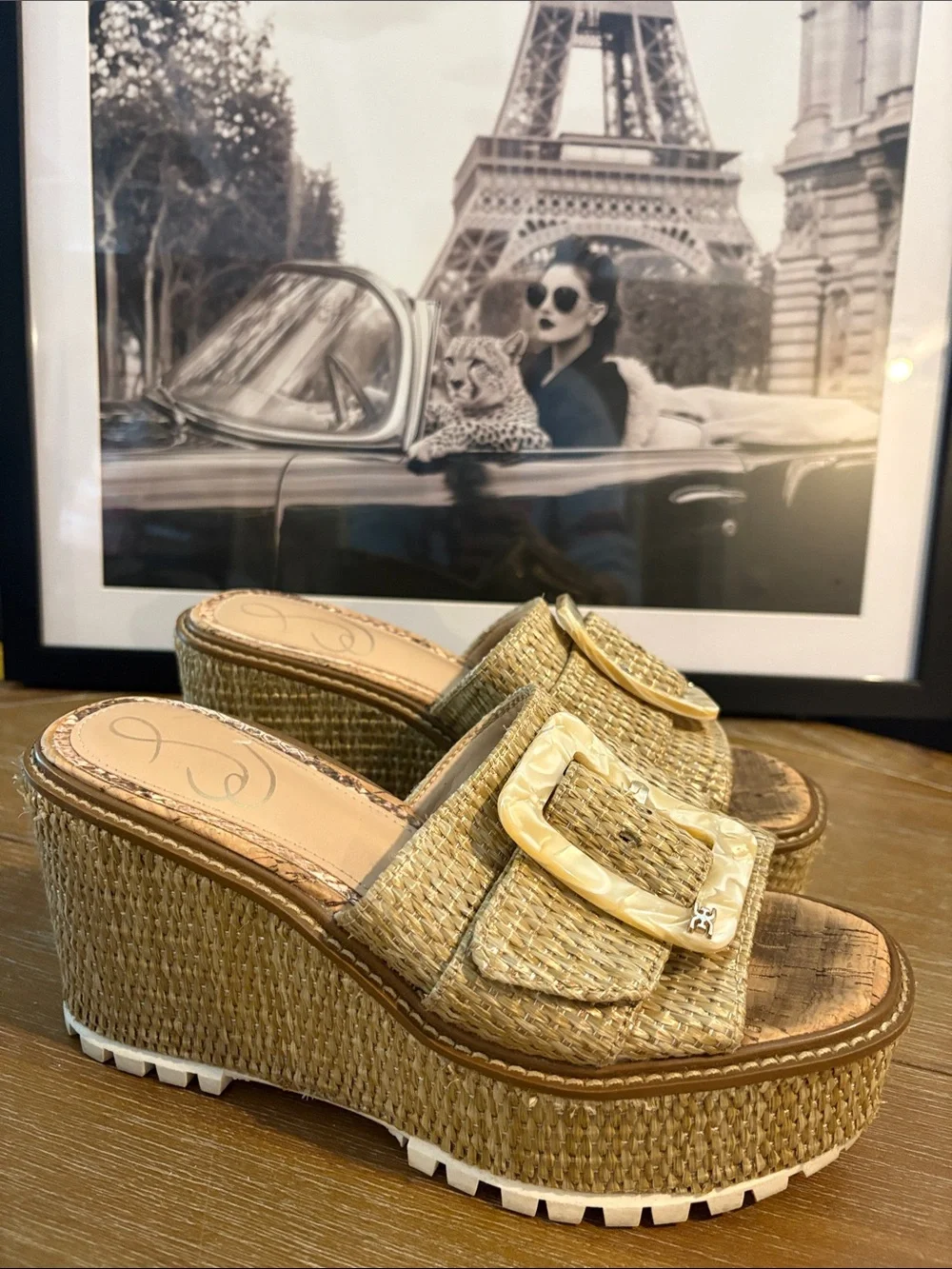 Sam Edelman Natural Raffia Wedge Slide with Ivory Buckle
